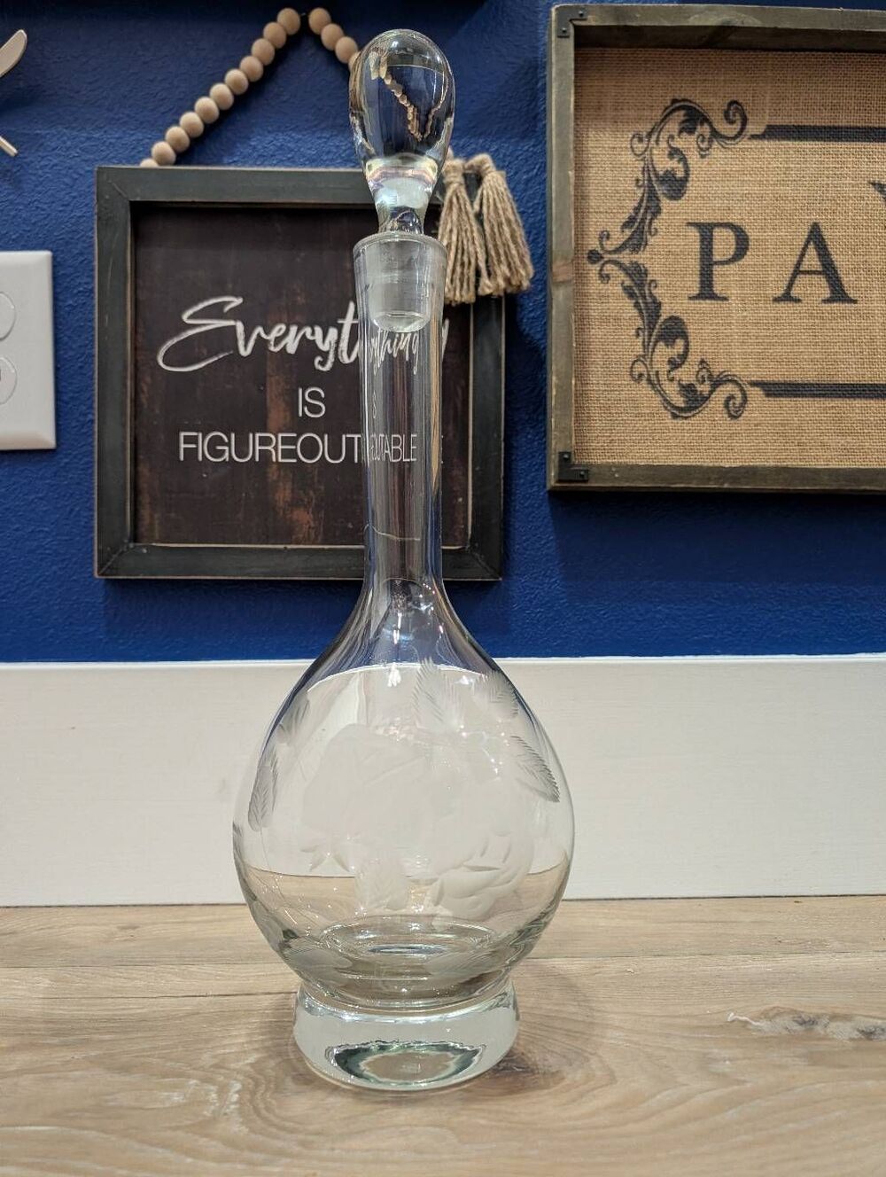 Vintage Etched Rose Floral Glass Wine Decanter w/ Stopper 16" Tall